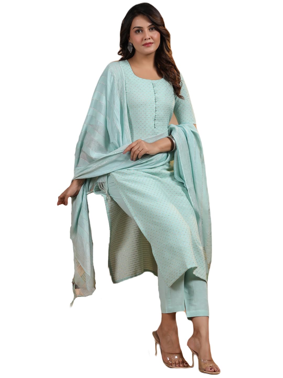 Anni Designer Women'S Rayon Blend Printed Straight Kurta With Pant & Dupatta (Nukad Green_Xl_Green_X-Large),Green,XL