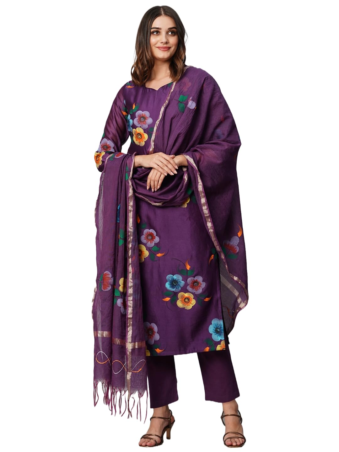 Anni Designer Women'S Cotton Blend Straight Printed Kurta With Pant & Dupatta (Tank Violet_M_Violet_Medium),Violet,M
