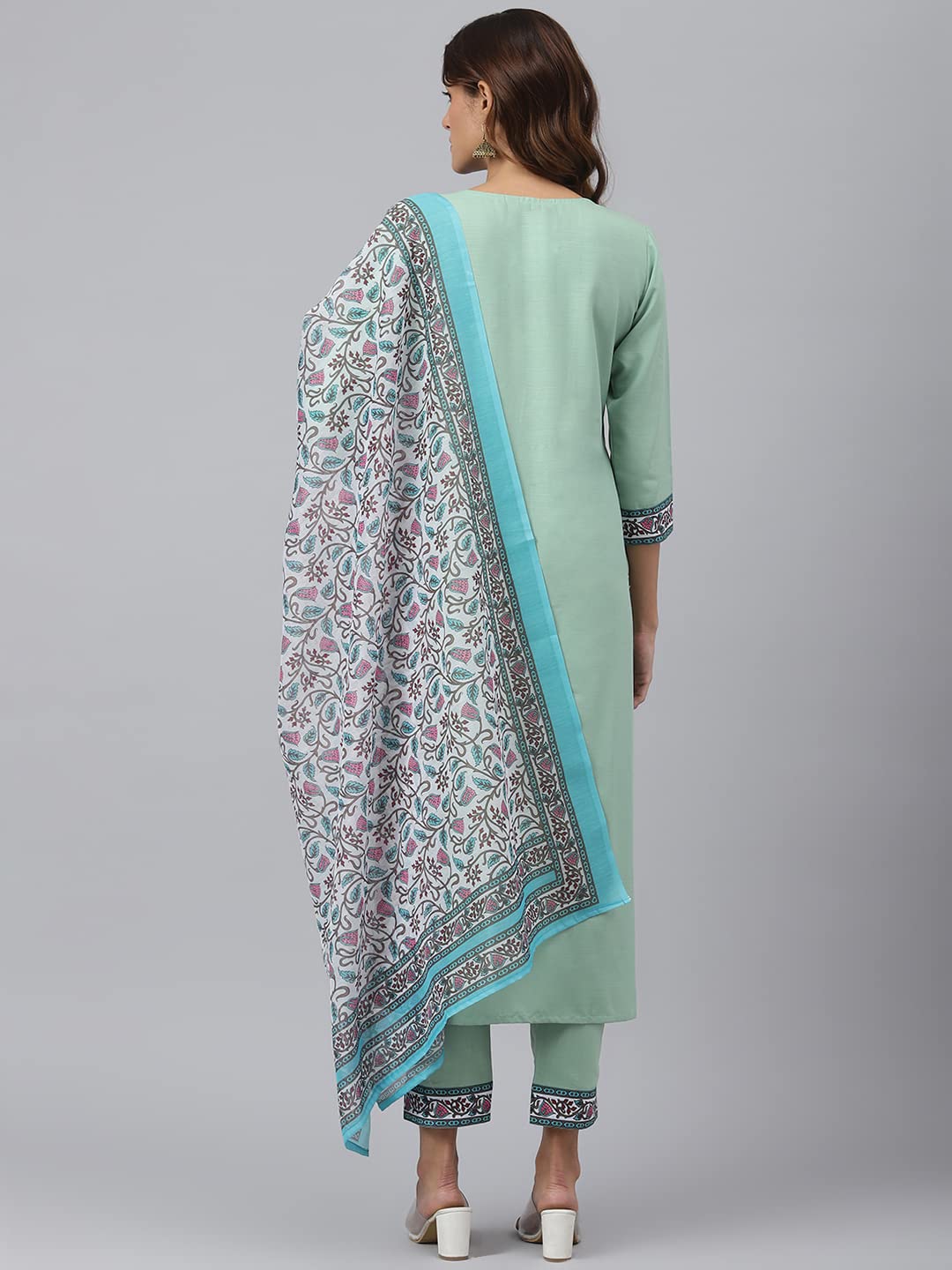 Anni Designer Women'S Cotton Blend Straight Printed Kurta With Pant & Dupatta (Jam001-Green_Xxl_Dark Blue_Xx-Large),Green,2XL,Cotton Blend,Regular,Dupatta