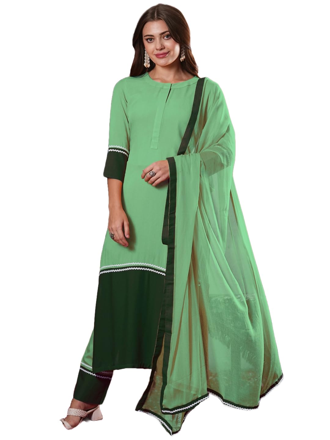 Anni Designer Women'S Rayon Viscose Straight Solid Kurta With Pant & Dupatta (Panai Mint_Xl_Light Green_X-Large),Light Green,XL