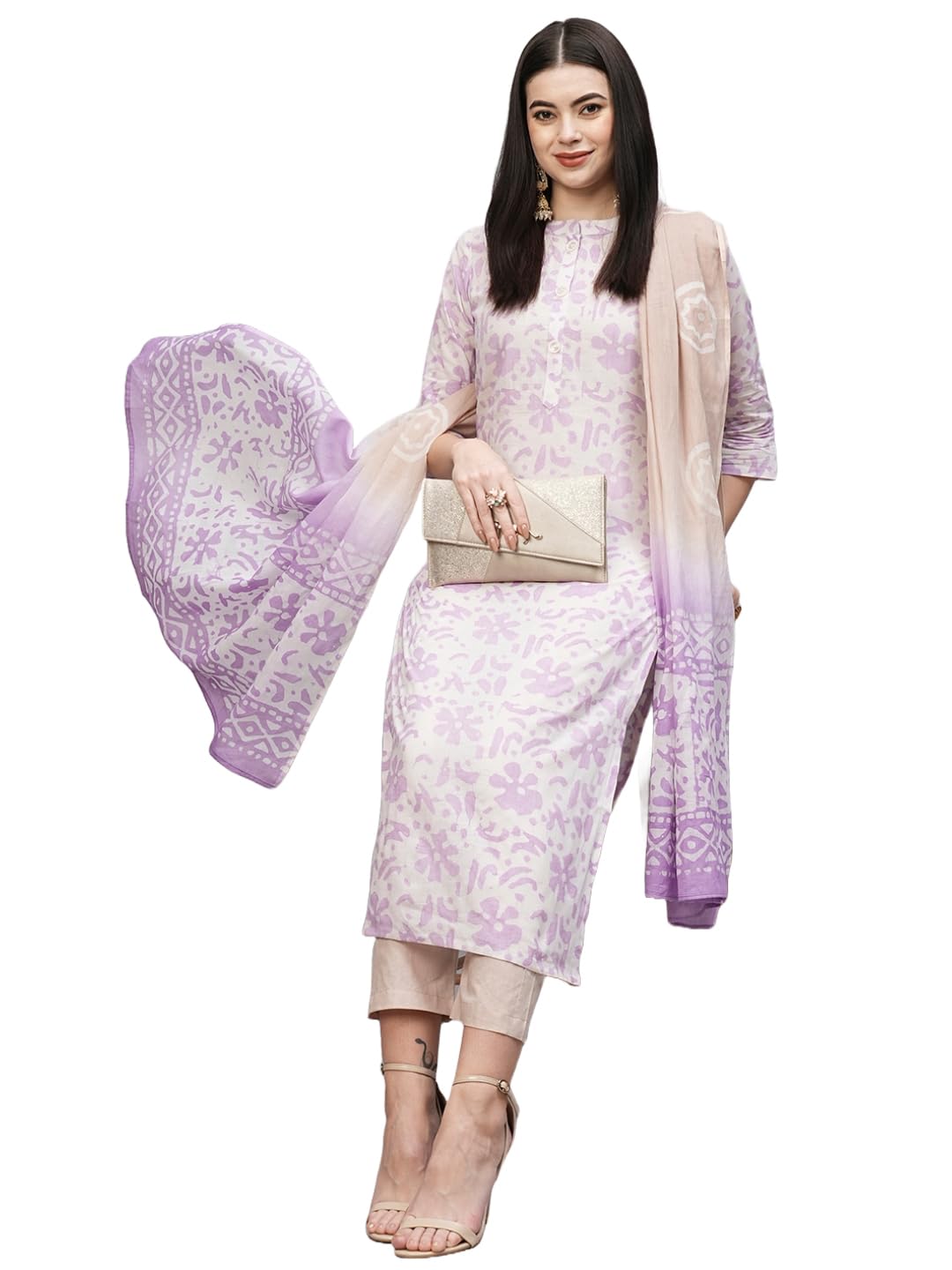 Anni Designer Women'S Cotton Blend Straight Printed Kurta With Pant & Dupatta (Jalpari Purple_Xxl_Purple_Xx-Large),Purple,2XL