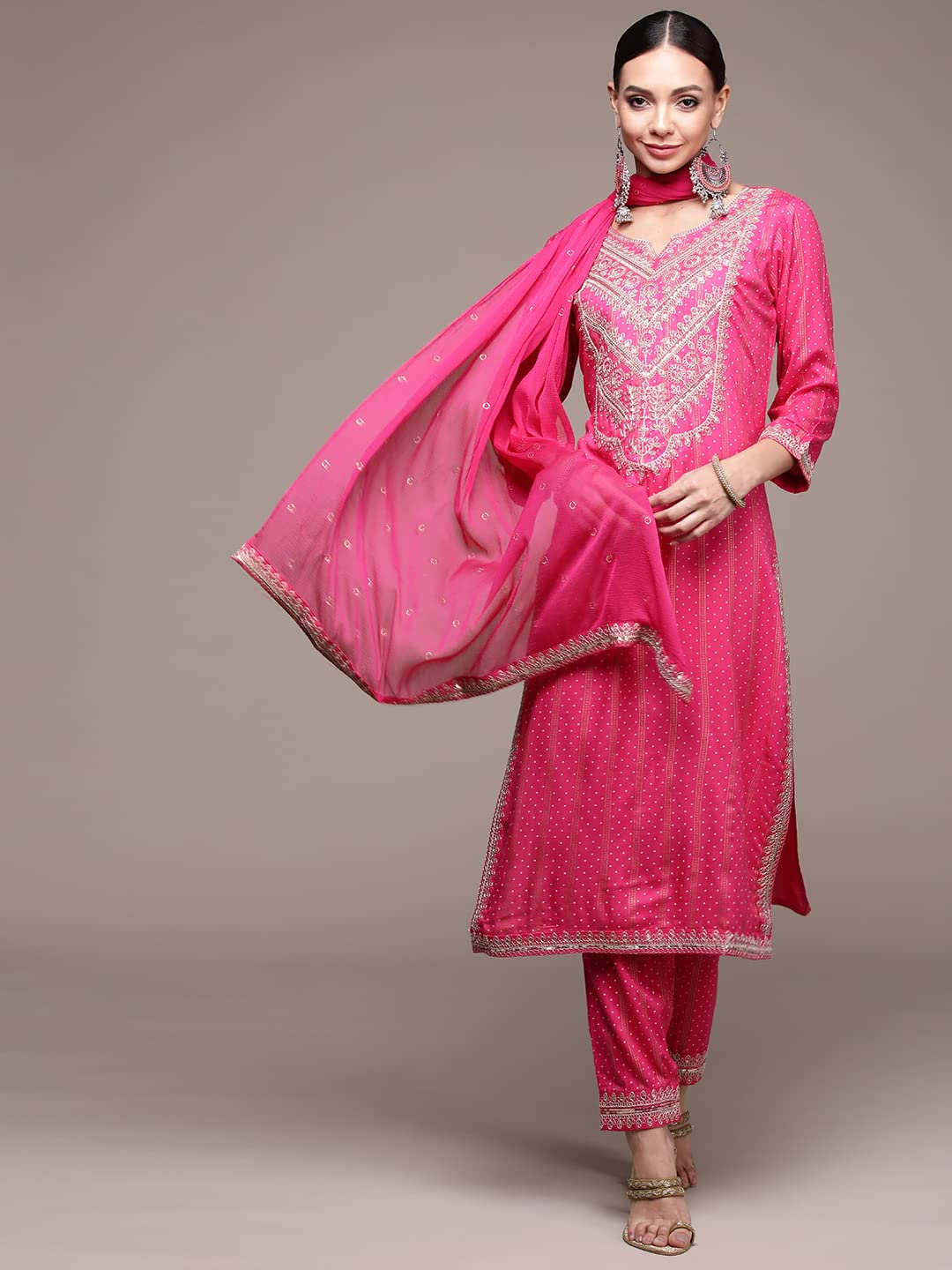 Anubhutee Women'S Pink Gotawork Printed Kurta Set With Trousers And Dupatta Pink Xl