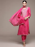 Anubhutee Women'S Pink Gotawork Printed Kurta Set With Trousers And Dupatta Pink Xl