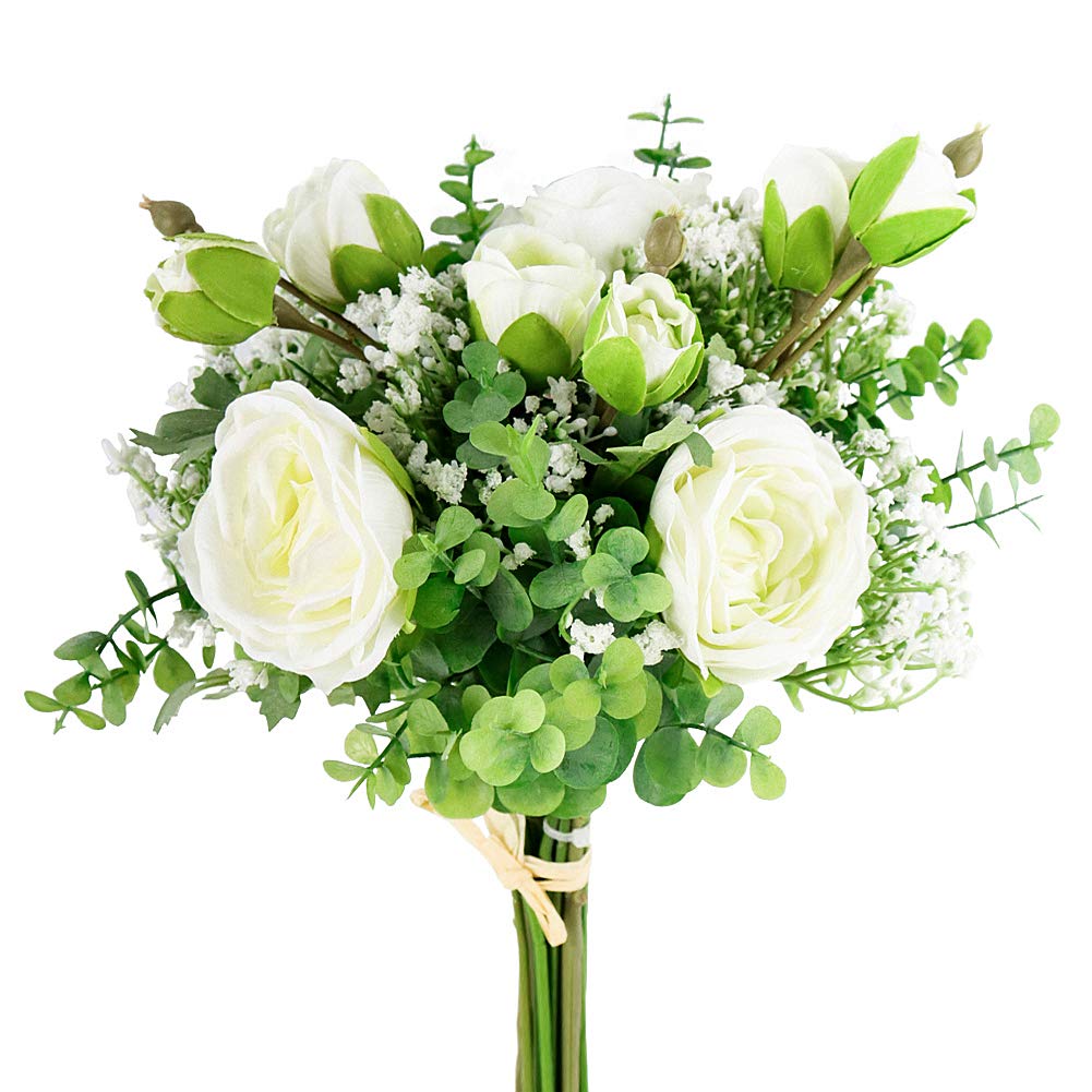 DEEMEI Artificial Babys Breath Flowers Silk White Peony Roses Eucalyptus Leaves Wedding Bridal Bouquets for Table Centerpieces (