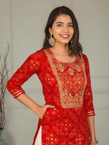 Anni Designer Womens Red Color Embroidery Bhandhani Kurta & Gold Printed Sharara,Red,2XL,Rayon,Straight,Kurti, kurta, Dupatta