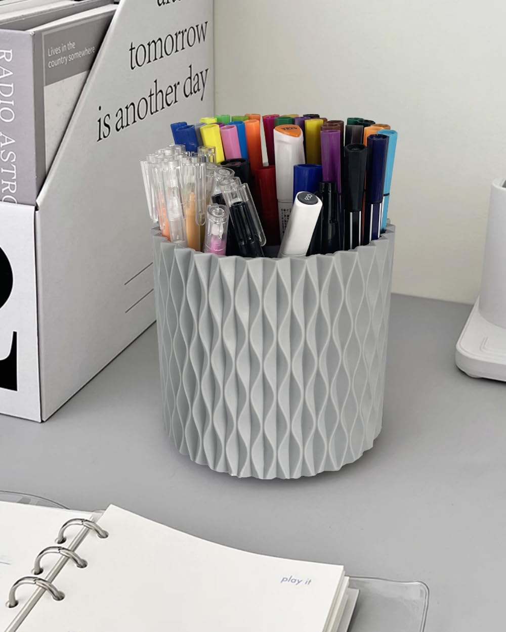 Lebenrich Rotating Pen Pencil Holder for Desk, 5 Slots Unique Grey Desk Pen Organizer Easthetic Desktop Supplies and Accessories