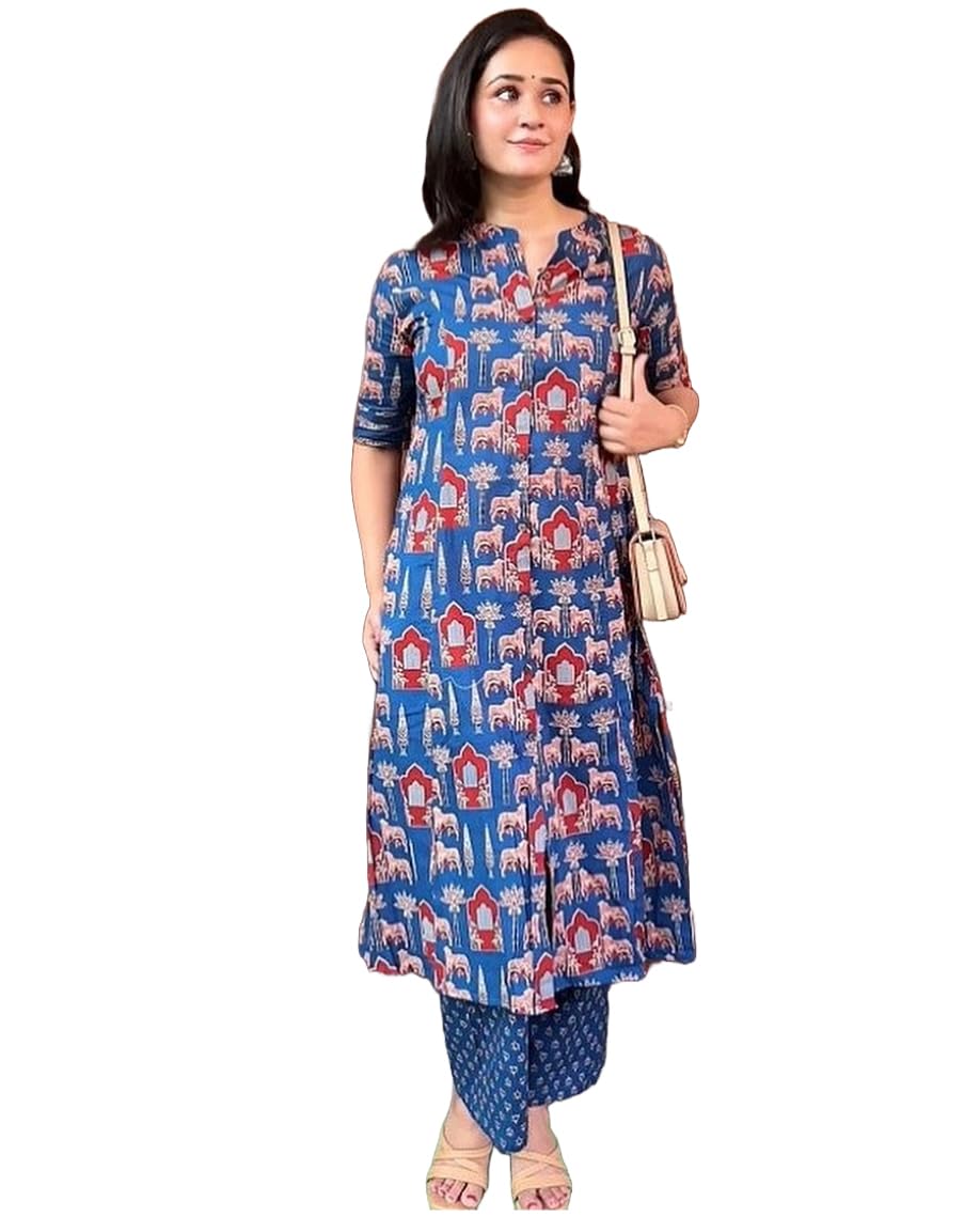 Anni Designer Women'S Rayon Blend Straight Printed Kurta With Palazzo (Gpw Blue-Vks01_Xxl_Blue_Xx-Large),Blue,2XL