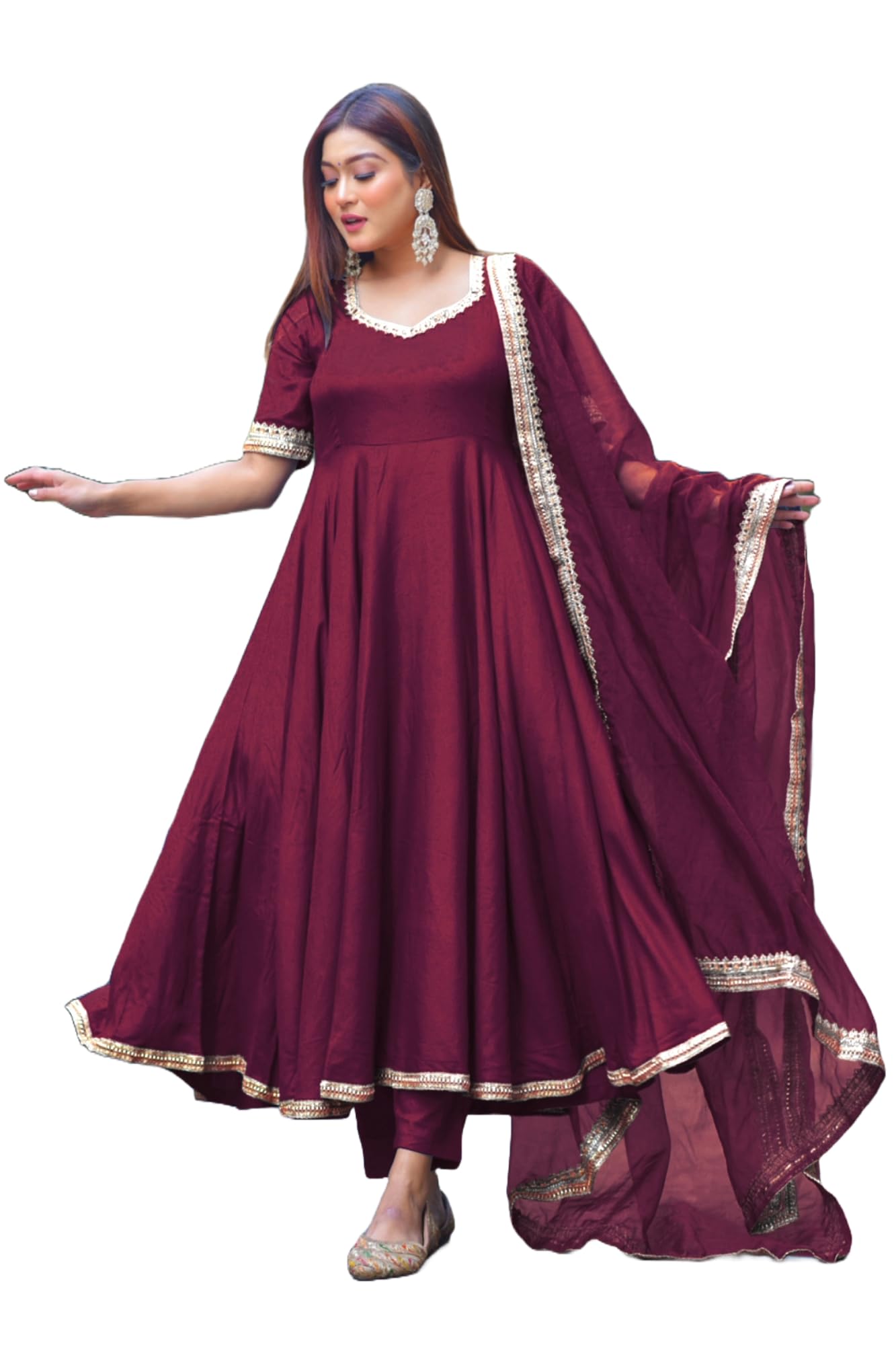 Anni Designer Women'S Rayon Blend Anarkali Solid Kurta With Pant & Dupatta & Dupatta (Shyam Wine_L_Wine_Large),Wine,L