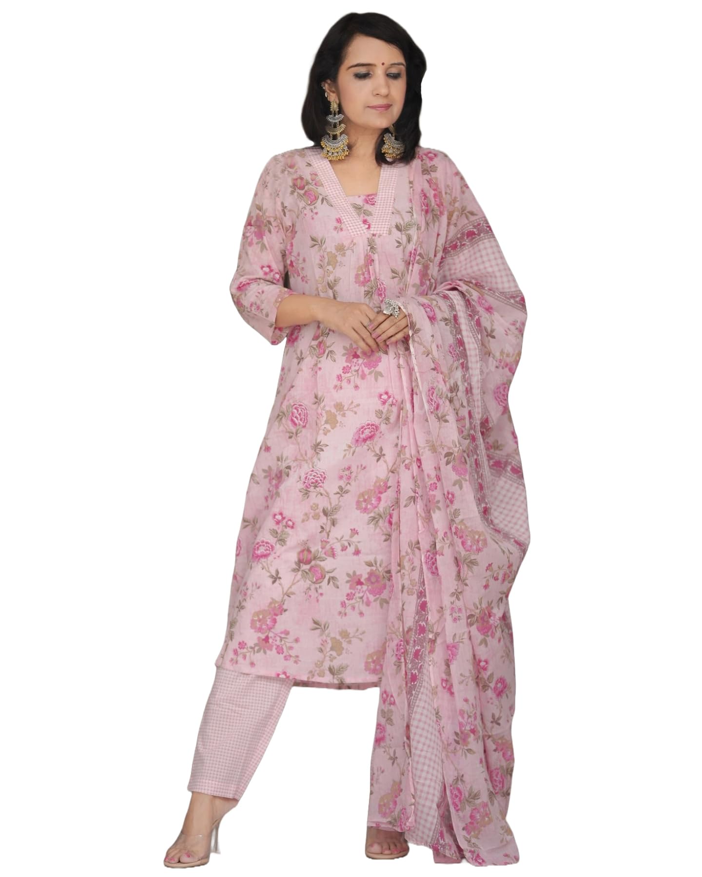 Gosriki Women'S Rayon Blend Straight Printed Kurta With Pant & Dupatta (Midon Pink-Gs_S_Pink_Small),Pink,,B0DFCGQQM7