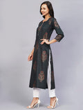 Anni Designer Women'S Cotton Blend Straight Printed Kurta With Pant Set (Black009-Green_L_Blue_Large),Green,L,Cotton Blend,Regular,Pants