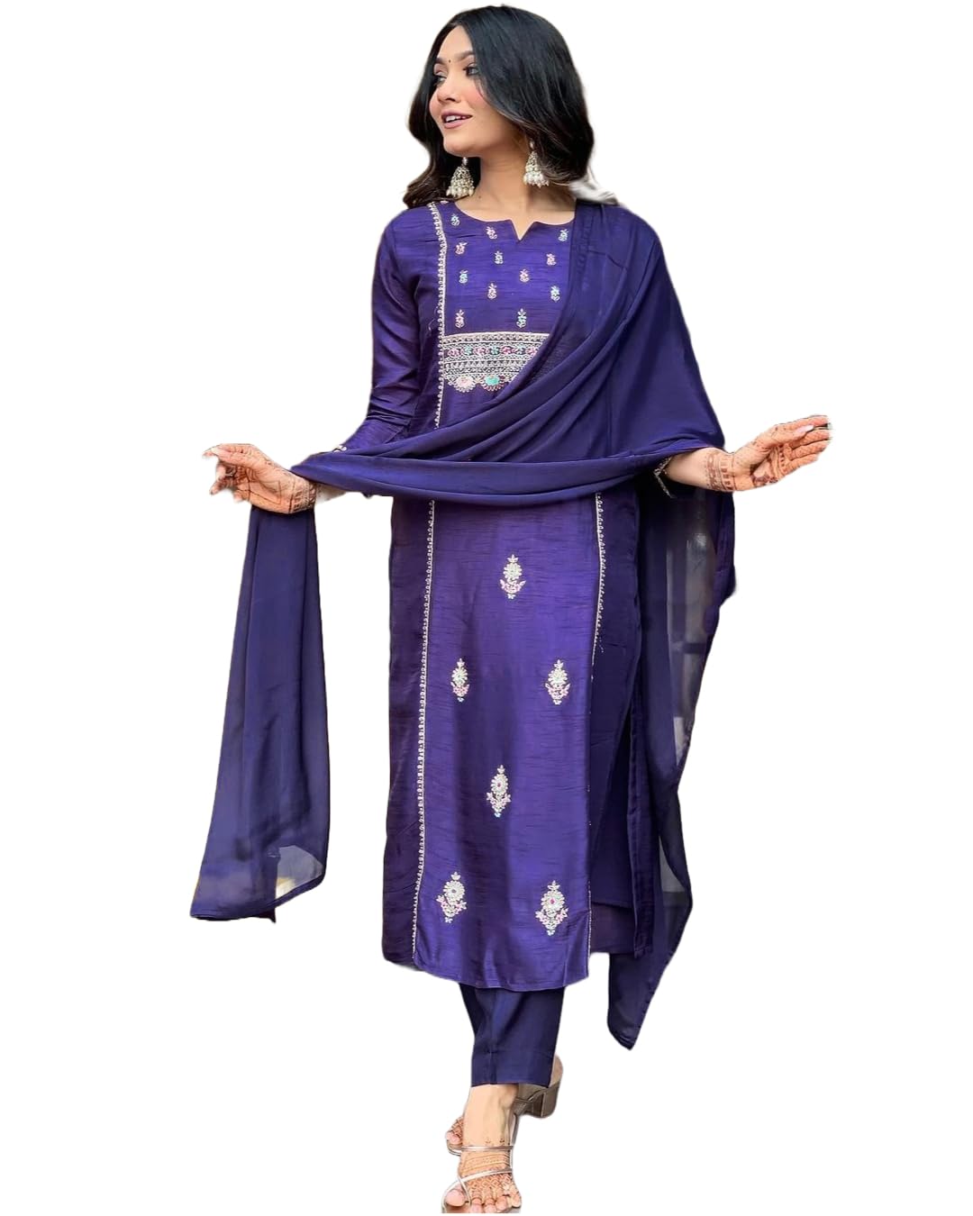 Anni Designer Women'S Cotton Blend Embroidered Straight Kurta With Pant & Dupatta (Nepoli Begani_Xxl_Purple_Xx-Large),Purple,2XL