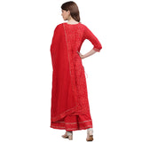 Ishin Women'S Cotton Bandhani Embroidered Straight Kurta Sharara Dupattta Set Red S