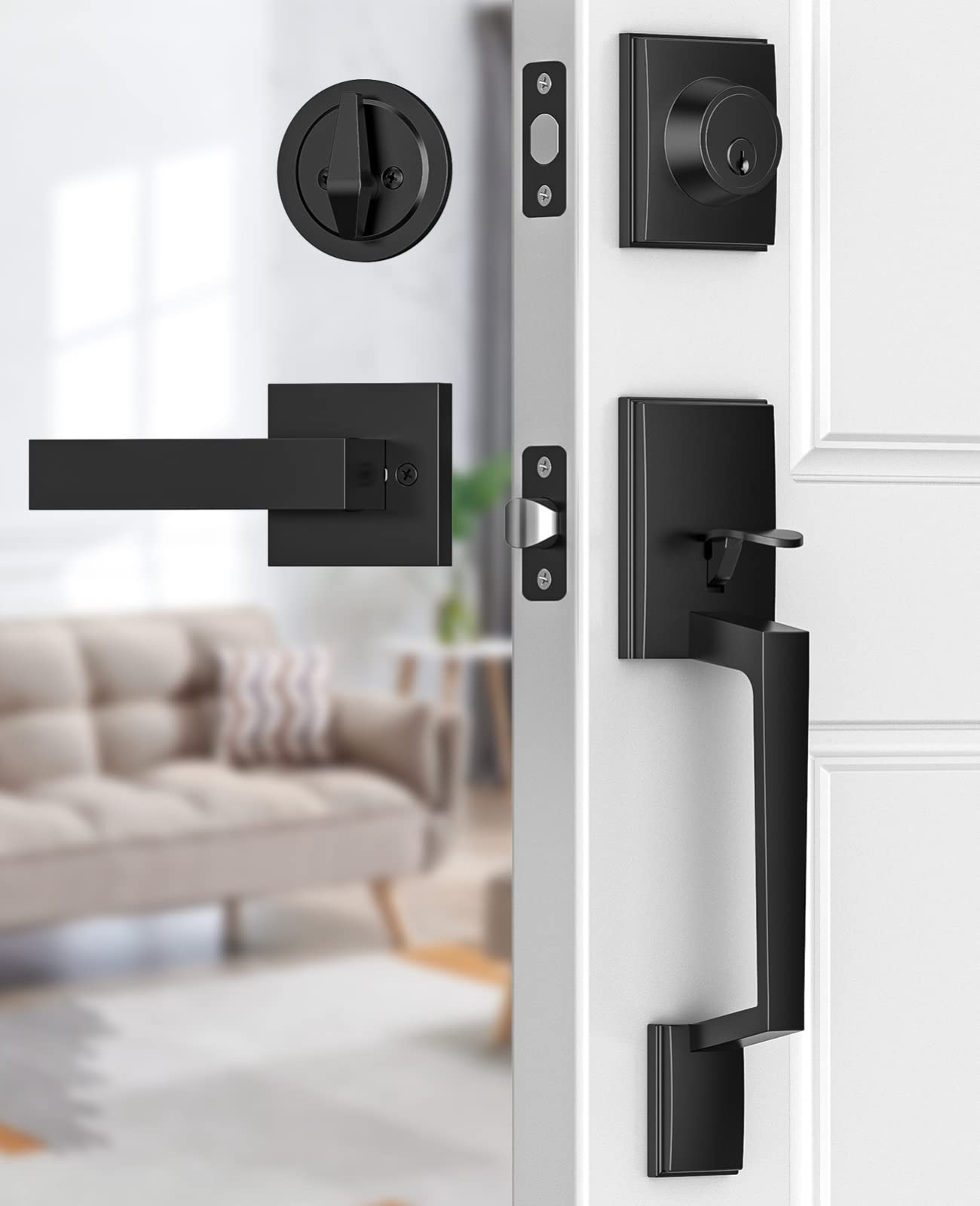 Brightify Black Front Door Handle With Door Lever, Matte Black , Modern Exterior Door Adjustable Deadbolt Lock Set With Single C
