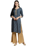 rangita Women Rayon Dark Grey Gold Printed Placket Calf Length Straight Kurti_8905723194536