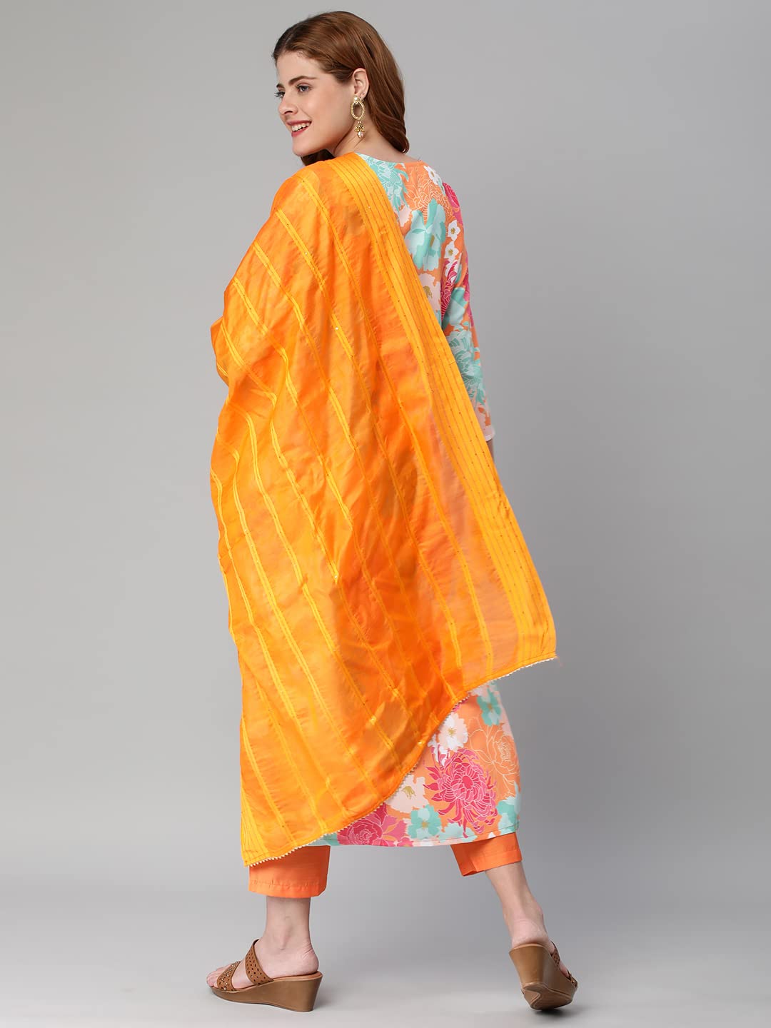 Anni Designer Women'S Cotton Blend Embroidered Floral Printed Straight Kurta With Pant & Dupatta (Litup-Orange-Nw2_L_Orange_Large),Orange,L,Cotton Blend,Regular,Dupatta