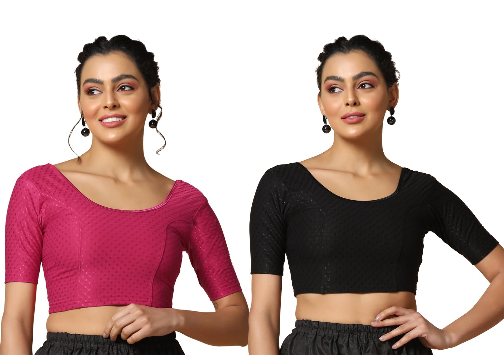 Toplot Cotton Blend Lycra Stretchable Readymade Blouses Pack Of 2 (Combo-5058-Blk-Rnp-28),Black-Rani Pink,28,B0CV5974BK