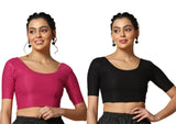Toplot Cotton Blend Lycra Stretchable Readymade Blouses Pack Of 2 (Combo-5058-Blk-Rnp-28),Black-Rani Pink,28,B0CV5974BK