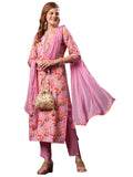 Anni Designer Women'S Cotton Blend Printed Straight Kurta And Pant With Dupatta (Kaleping-Pink_S_Pink_Small),Pink,S