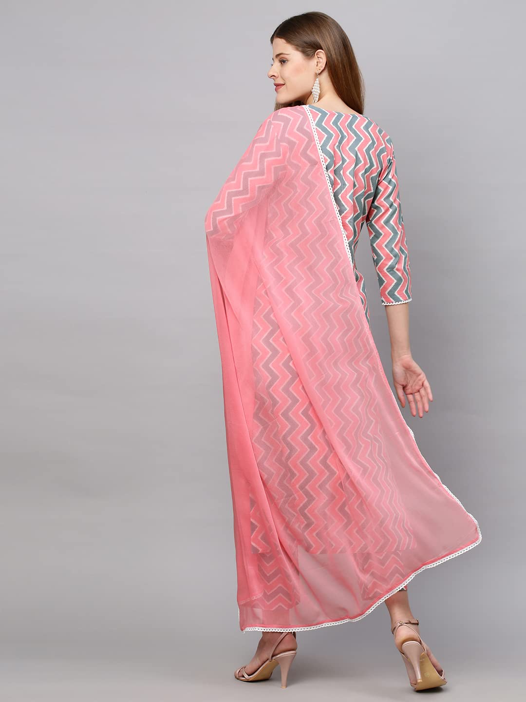 Anni Designer Women'S Cotton Blend Straight Printed Kurta With Pant & Dupatta (Jam001-Grey_S_Dark Blue_Small),Grey,S,Cotton Blend,Regular,Dupatta