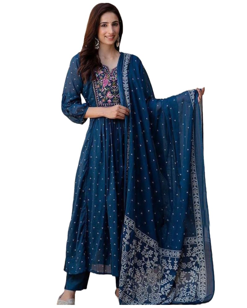 Anni Designer Women'S Rayon Viscose Embroidered Anarkali Kurta With Pant & Dupatta (Kanota Kerosin-Vks06_Xl_Dark Blue_X-Large),Dark Blue,XL