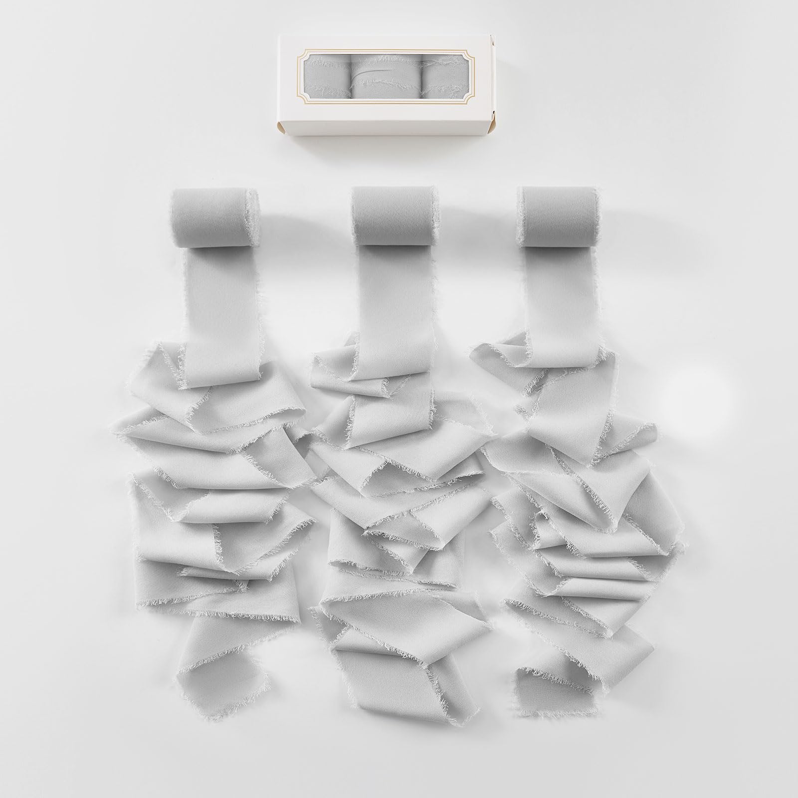 Pretty Jolly Grey Chiffon Ribbon for Gift Wrapping 3 Rolls 2 Inch x 7Yd Silk Ribbons Handmade Fringe Fabric Ribbon for Flower Bo