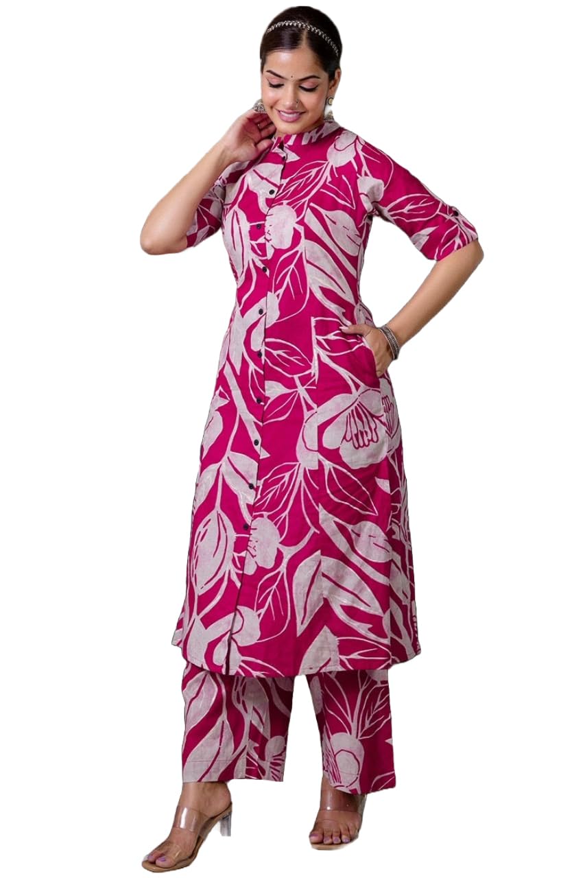 Anni Designer Women'S Rayon Viscose Straight Printed Kurta With Palazzo (Diboli Pink_M_Pink_Medium),Pink,M