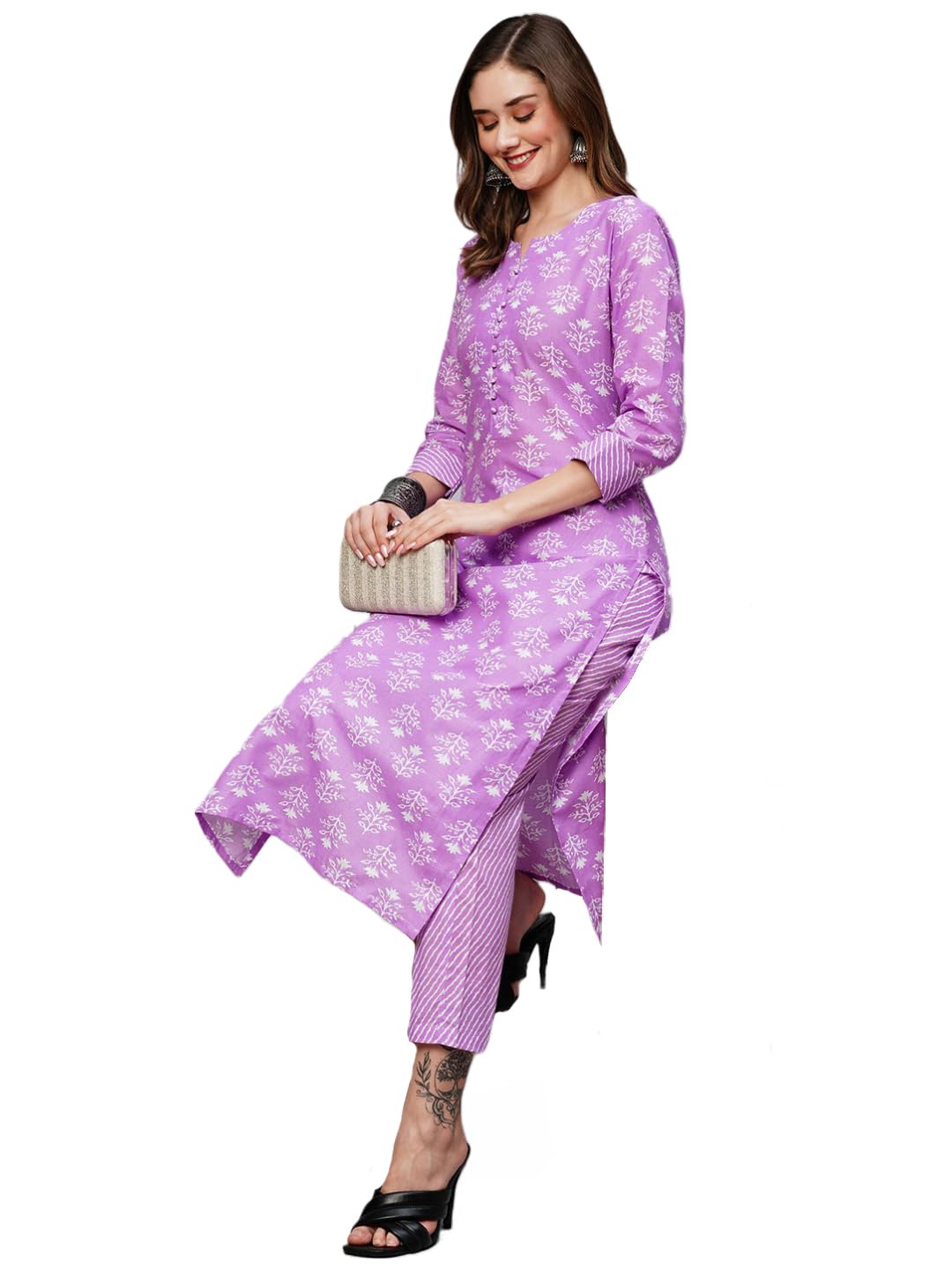 Anni Designer Women'S Cotton Blend Printed Straight Kurta With Pant (Kidya Purple_S_Purple_Small),Purple,S