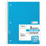 Mead Spiral Notebook, 3 Subject, Wide Ruled Paper, 120 Sheets, 101/2 x 8, Color Selected For You, 1 Count (05746)