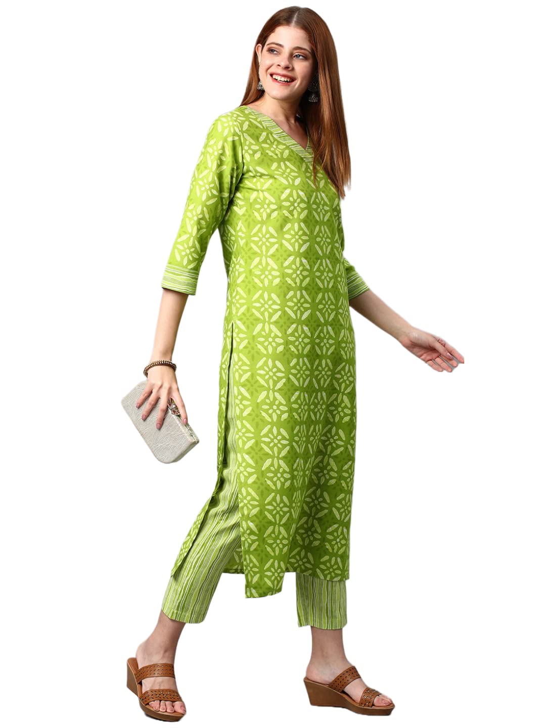 Anni Designer Women'S Cotton Blend Traditional Straight Printed Kurta And Pant Set (Sixty Parrot-Nw_S_Green_Small),Green,S