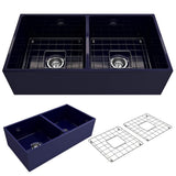 BOCCHI Contempo Farmhouse Apron Front Fireclay 36 in. Double Bowl Kitchen Sink with Protective Bottom Grid and Strainer in Sapph