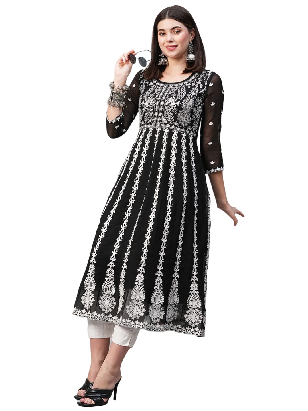 Anni Designer Women'S Georgette Chikankari Embroidered Anarkali Kurti (Naav Black-Nw2_S_Black_Small),Black,S