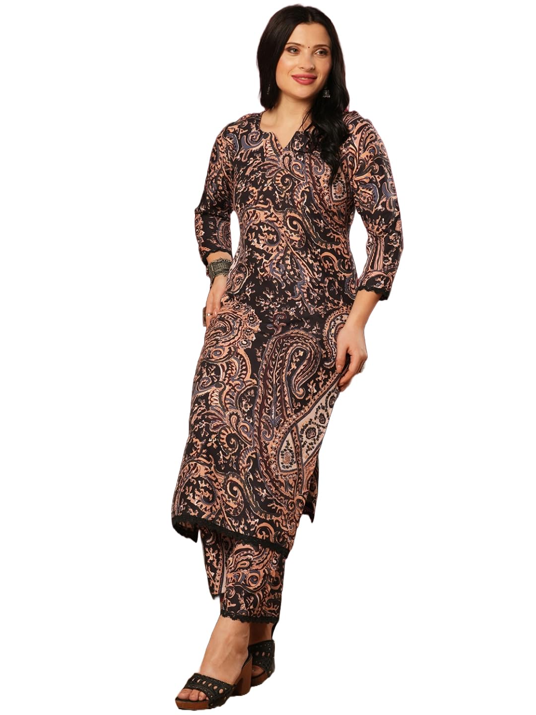 Anni Designer Women'S Rayon Viscose Straight Printed Kurta With Palazzo (Elevate Black-Vks01_S_Black_Small),Black,S,,,