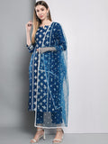 Anni Designer Women'S Cotton Blend Embroidered Straight Kurta With Pants & Dupatta (Kurupam-Cersoin_L_Dark Blue_Large),Dark Blue,L,,,