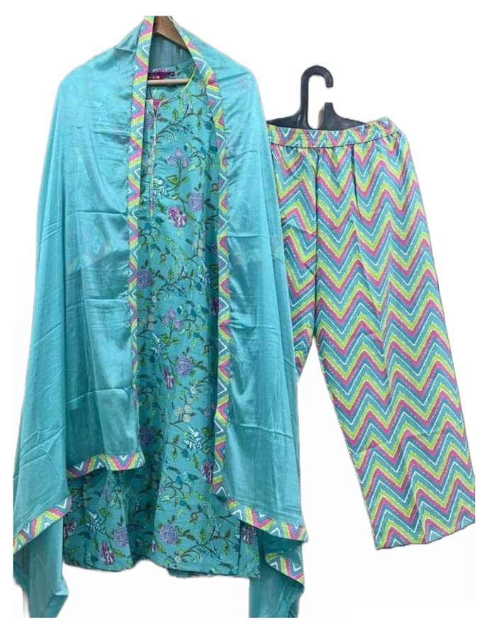 Anni Designer Women'S Cotton Blend Straight Printed Kurta With Pant & Dupatta (Uttar-Sky Blue_M_Dark Blue_Medium),Sky Blue,M