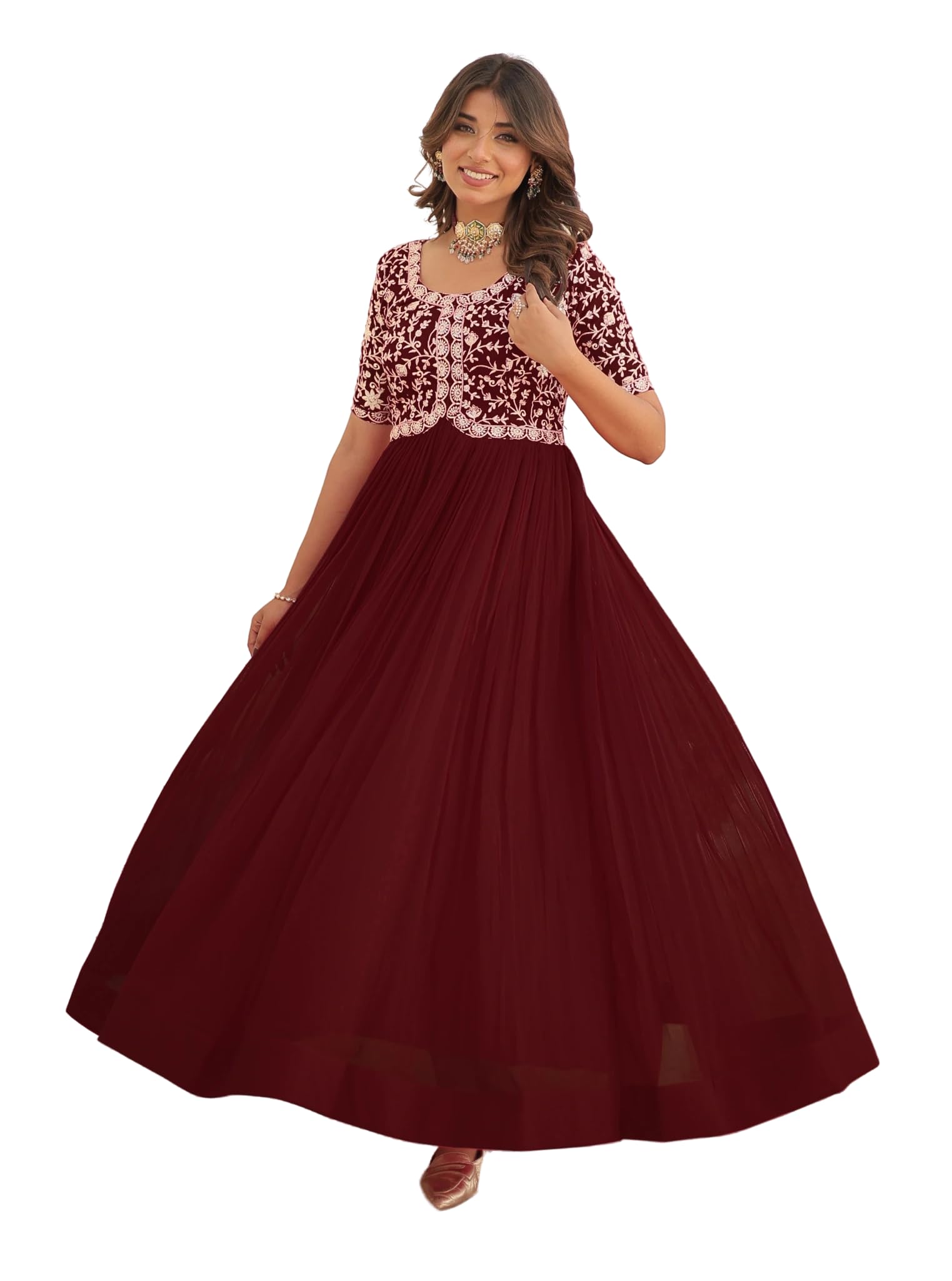 Fashion Basket Georgette Embroidered Anarkali Gown For Women Maroon