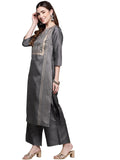 Ziyaa Art Silk Women'S Black Color Crepe Straight Kurta And Palazzo Set Grey_M