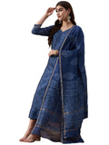 Anni Designer Women'S Cotton Blend Straight Printed Kurta With Pant & Dupatta (Rakta Blue_S_Blue_Small),Blue,S