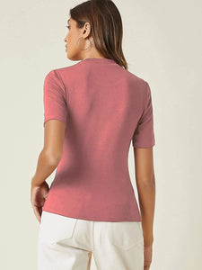 Anni Designer Women'S Cotton Belnd Lycra Ribbed Solid Half Sleeve Round Neck Top (Ntpr-Peach_S_Peach_Small),Peach,S,Cotton Blend,Western,