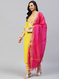 Anni Designer Women'S Cotton Blend Embroidered Straight Kurta With Pant & Dupatta (Talpade-Yellow_S_Yellow_Small),Yellow,S,Cotton Blend,Regular,