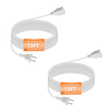 15FT White Thin Flat Extension Cord 2 Prong Polarized Power Cable, 18AWG 10A 125V Single Outlet Space-Saving Slim Cable Wire ETL