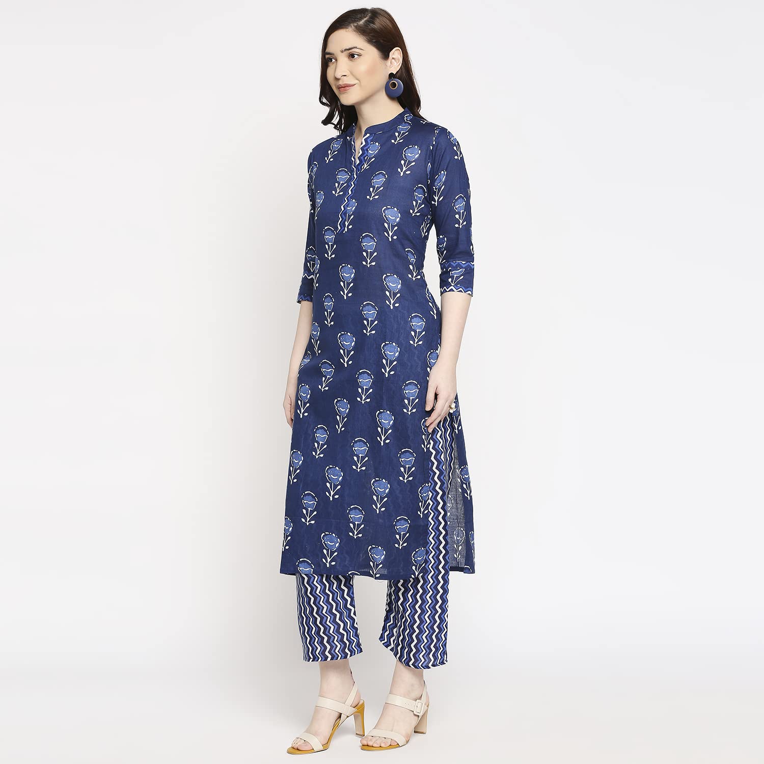 Anni Designer Women'S Cotton Straight Kurta With Pant (Blue Flower_Gsk_L_Blue_Large),Blue,L,Cotton,Straight,Dupatta, Pant