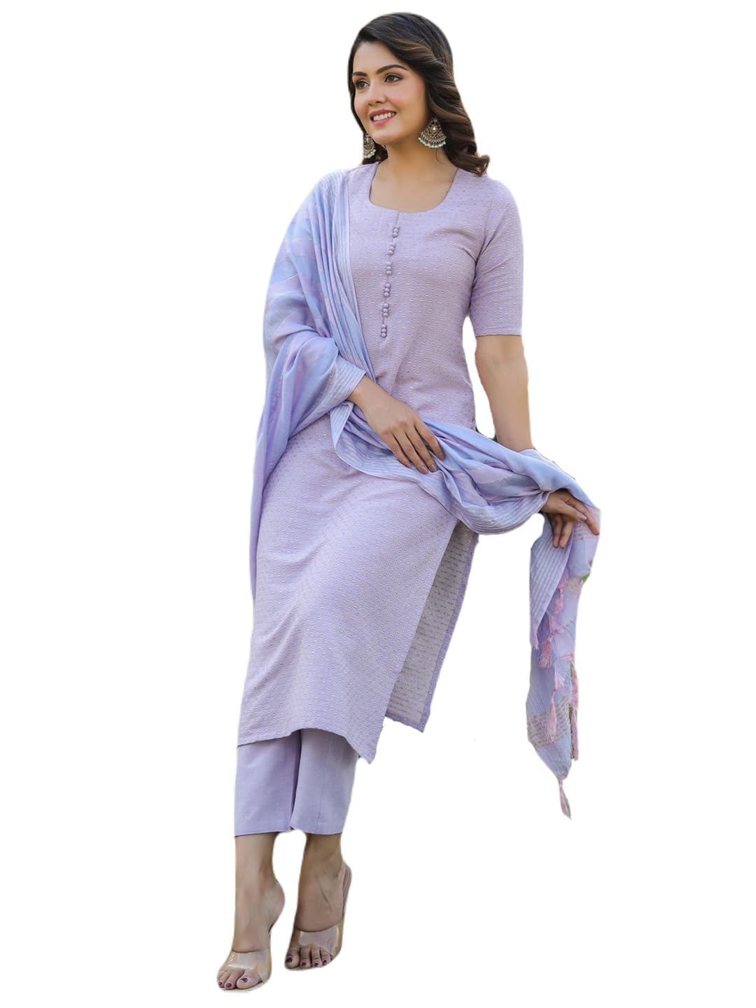 Anni Designer Women'S Rayon Blend Printed Straight Kurta With Pant & Dupatta (Nukad Purple_Xl_Purple_X-Large),Purple,XL