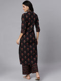 Idalia Mandarin Collar Black Kurta Set For Women 3/4Th Sleeve Floral Printed Straight Kurta Set With Palazzo Pant Or Weddings An