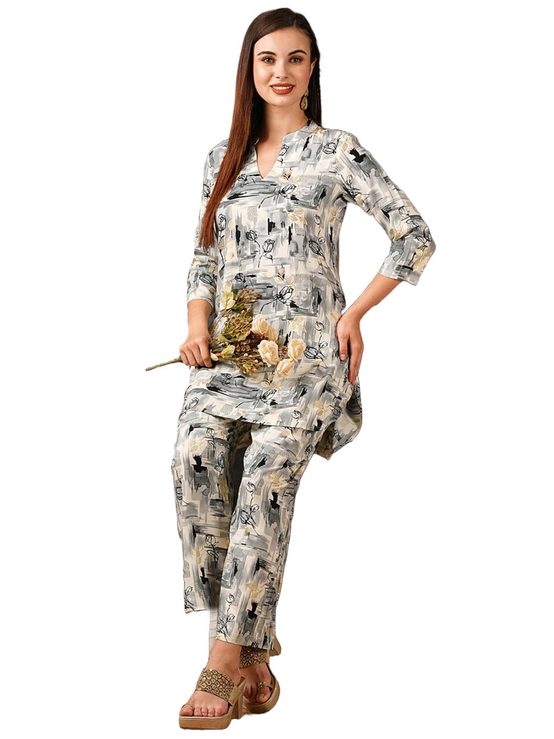 Anni Designer Women'S Cotton Blend Printed Ethnic Co-Ord Set (Tamar Grey-Nw_Xl_Grey_X-Large),Grey,XL,,,