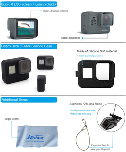 Husiway Action Camera Accessories Kit for Gopro Hero 8 Black Waterproof Housing Silicone Case Glass Screen Protector are Compati