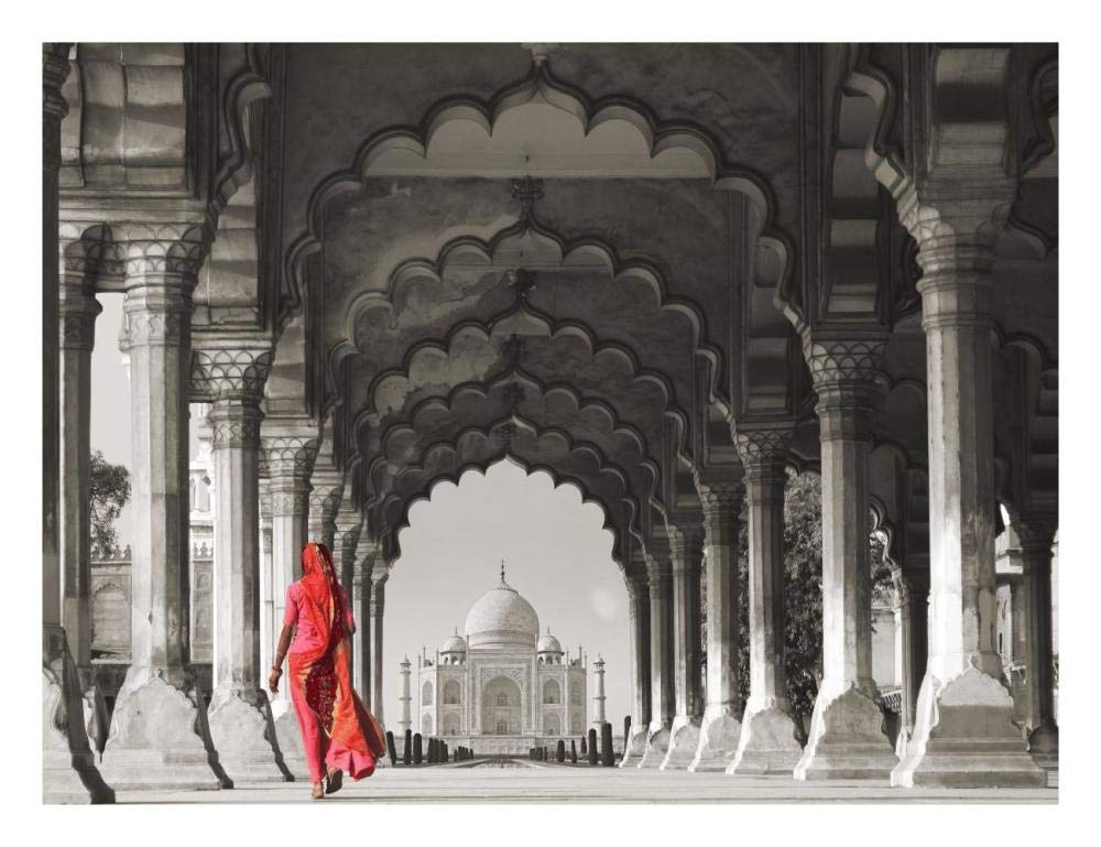 Woman In Traditional Sari Walking Towards Taj Mahal (Bw)-Paper Art-26,,X20,,