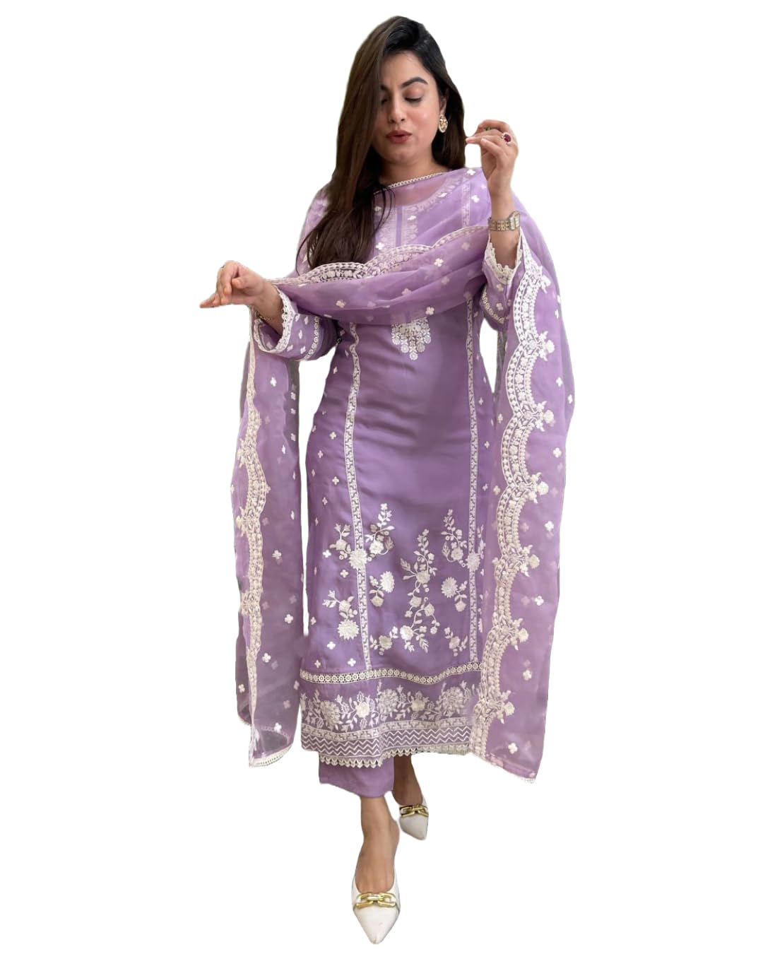 Anni Designer Women'S Rayon Blend Straight Embroidered Kurta With Pant & Dupatta (Rosewood Purple_Xl_Purple_X-Large),Purple,XL