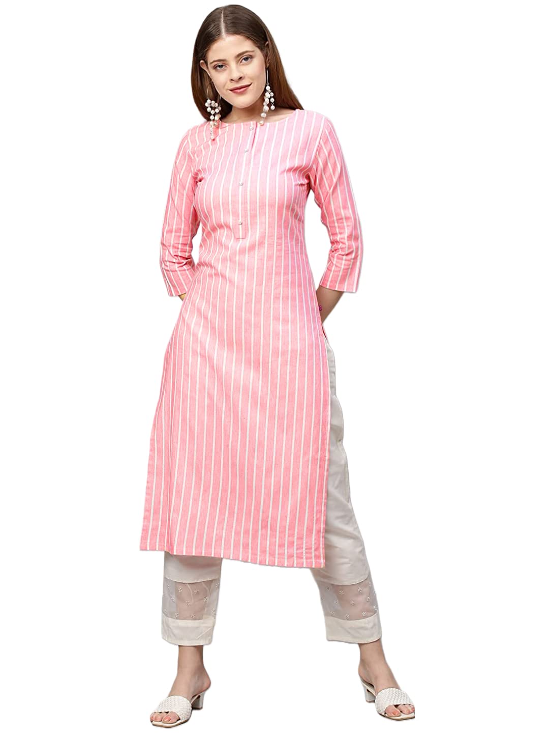 Gosriki Women'S Cotton Blend Printed Straight Kurta (Line Dark Pink_Xxl-Go_Dark Pink_Xx-Large),Dark Pink,2,B0B71DYYR8