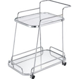 Benjara Clear Glass 2-Tier Serving Cart with Chrome Finish, Silver
