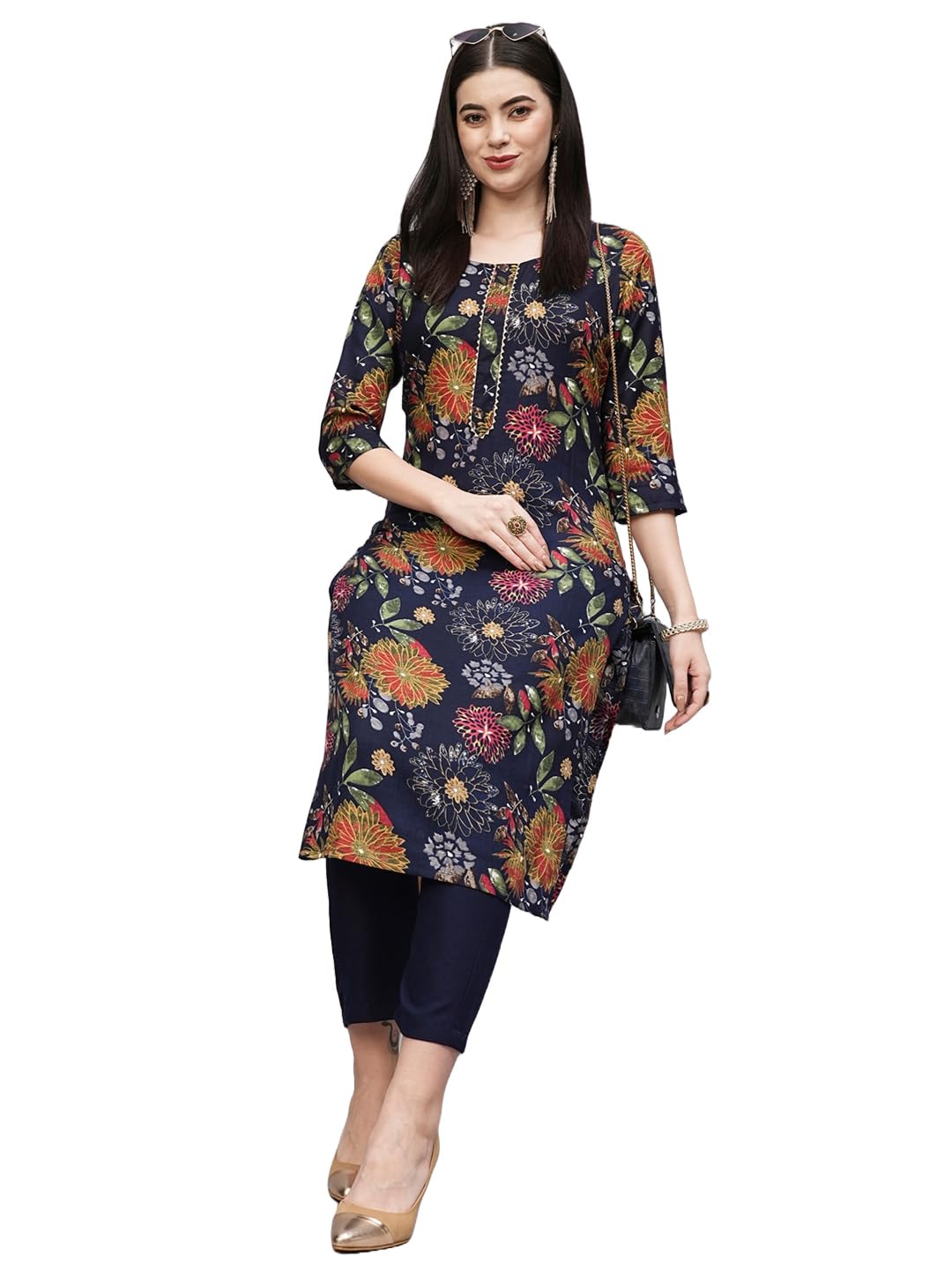 Anni Designer Women'S Cotton Blend Straight Printed Kurta With Pant (Paajas Navy Blue_Xxl_Navy Blue_Xx-Large),Navy Blue,2XL